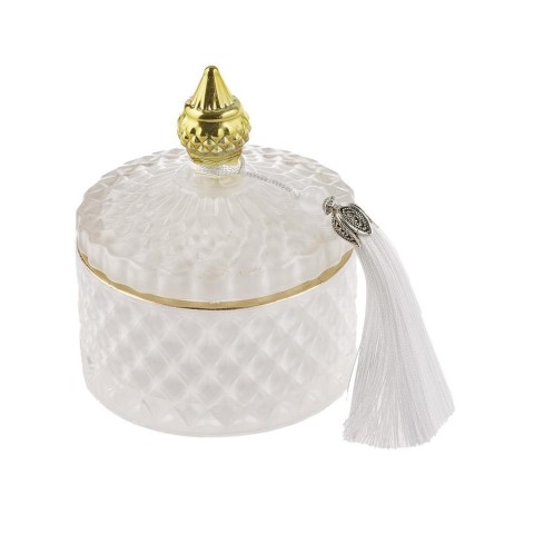 CANDELA VETRO 8X10CM BIANCO CON NAPPINA